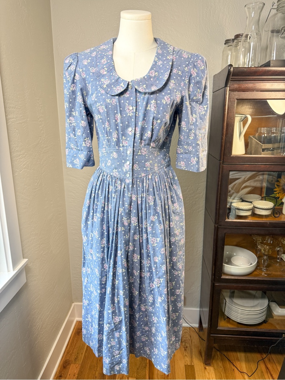 Vintage Jerell Blue Floral Prairie Dress Peter Pan Collar Cottagecore Size 7/8